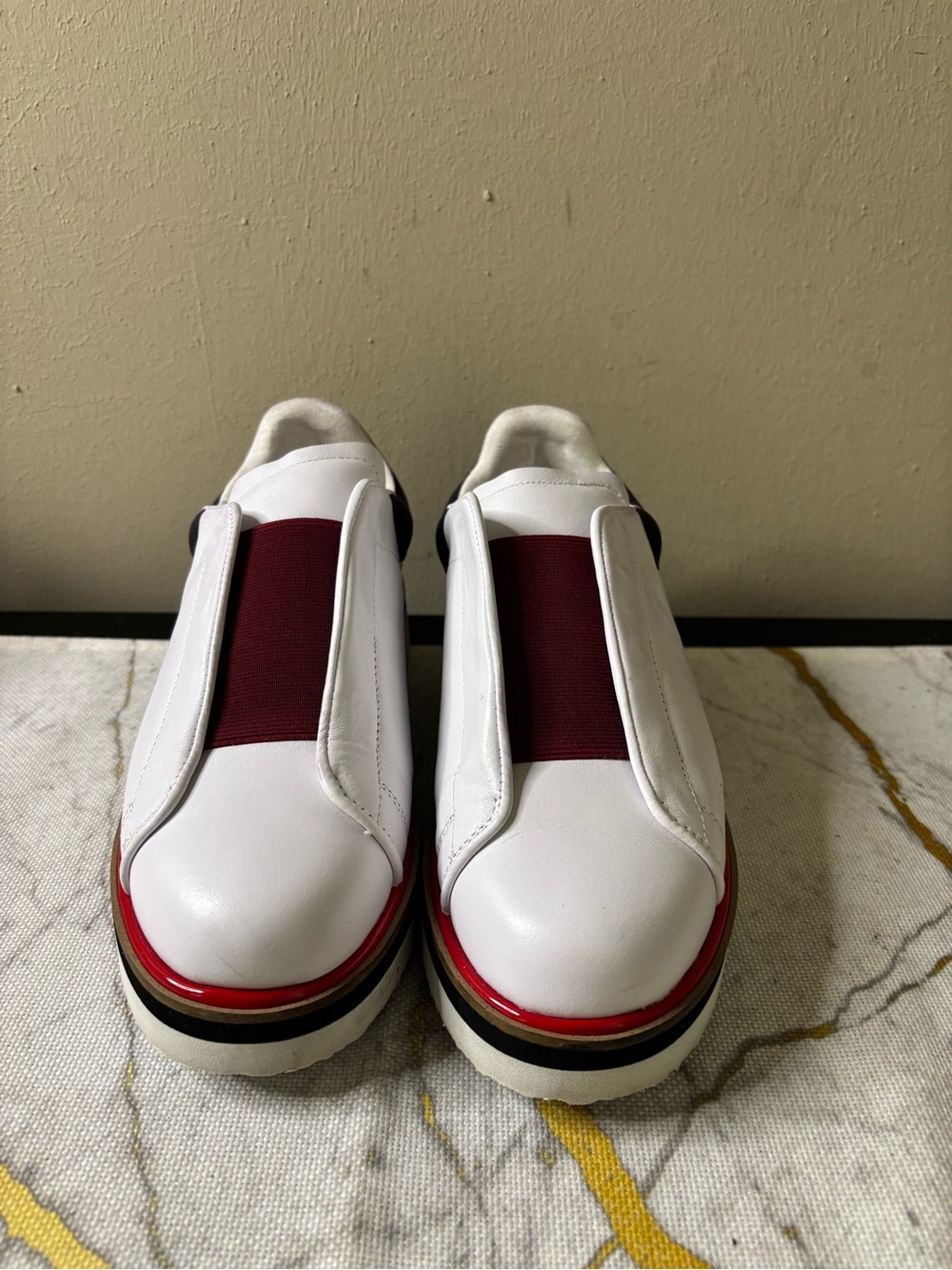 ZAC Zac Posen White and Burgundy Platform Slip-On Sneakers